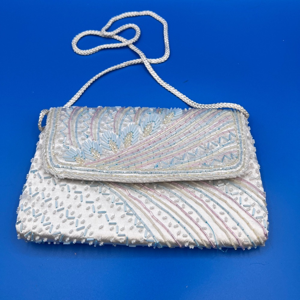 Vintage Victory Pastel Beaded Satin Evening Clutch Crossbody Bag White